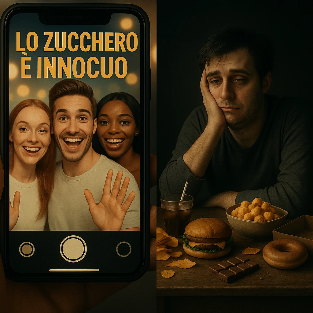 Realistic split-screen: smiling influencers on a smartphone say in Italian 'LO ZUCCHERO È INNOCUO' with bright lights and filters; on the other side, a sad and bloated person surrounded by snacks and sweets, shadowy and messy environment. Social contrast, 4K quality. emoji