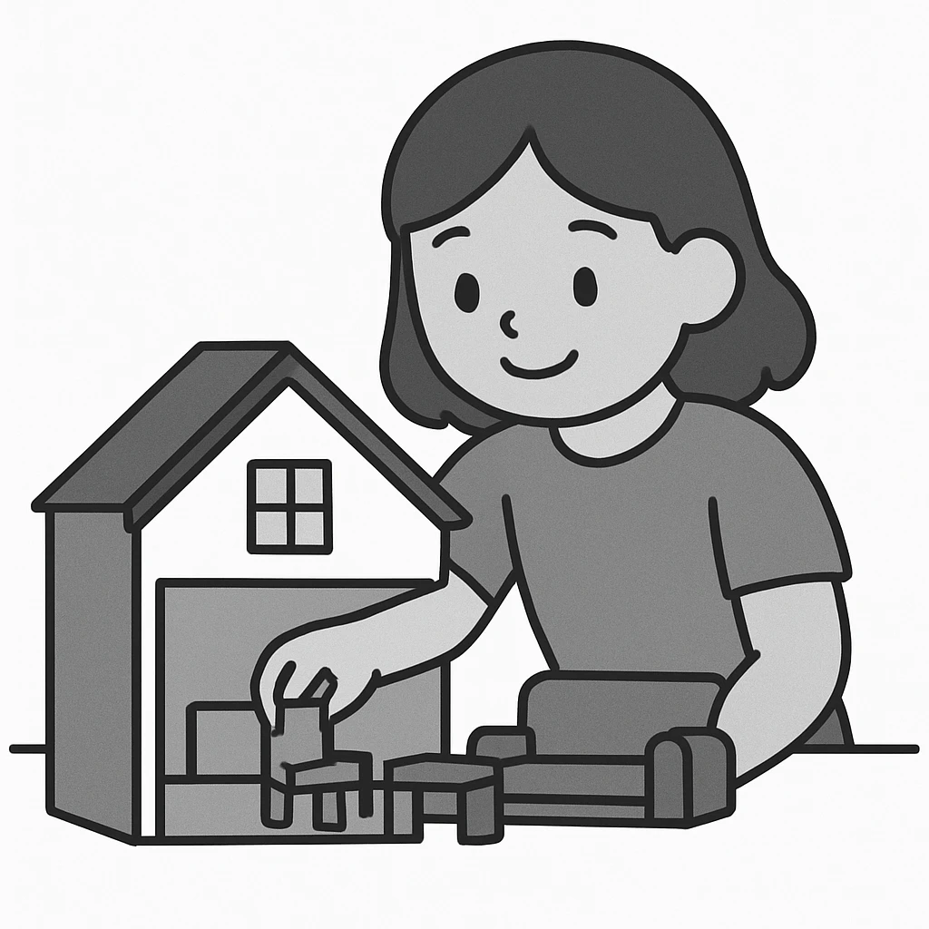 smiling girl arranging furniture in doll house emoji