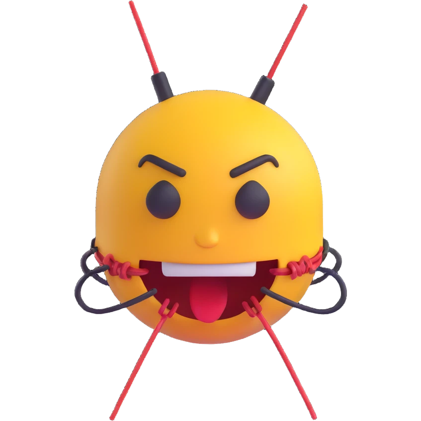 Make this menacing cyberpunk 3D emoji even scarier by adding exposed wires, sharper features, and a more evil expression. Remove the background. emoji