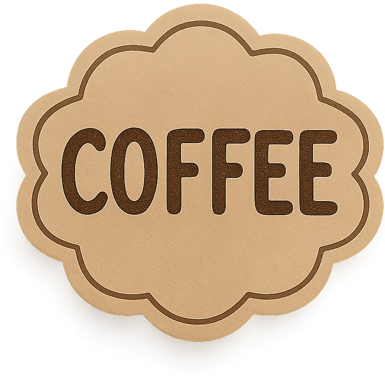 pastel brown coffee label sticker shapes, rounded and scalloped, hand-drawn style, transparent background emoji