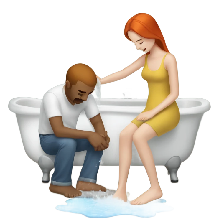 Man washing redhead woman’s feet emoji