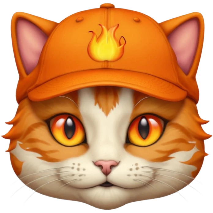 Cat with the flames in his eyes with a orange baseball hat on his head emoji