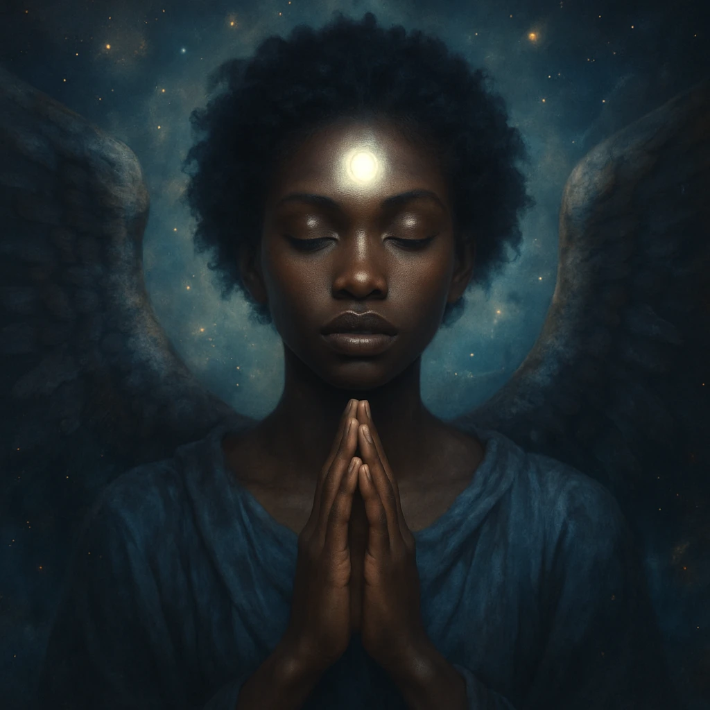 black angel in prayer, third eye illuminated, celestial and dreamy atmosphere emoji