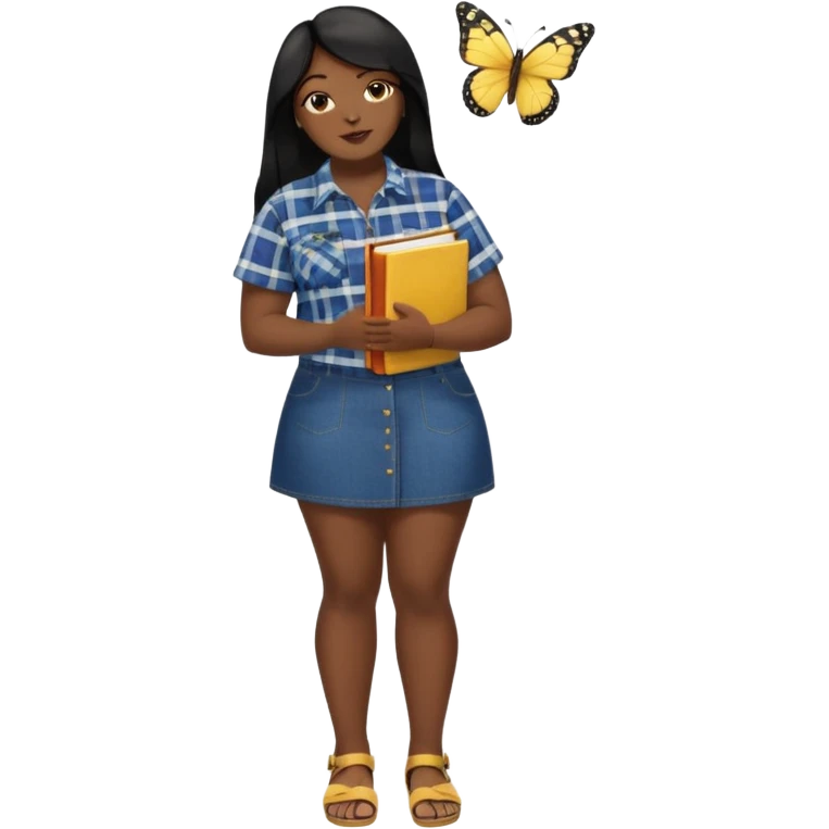 A plus-size Black woman is wearing makeup. She has long, straight black hair and is wearing a short-sleeved flannel shirt with a yellow butterfly print, a denim miniskirt, and sandals. She is standing and holding a book in one hand while extending her forearm upward with the other. emoji