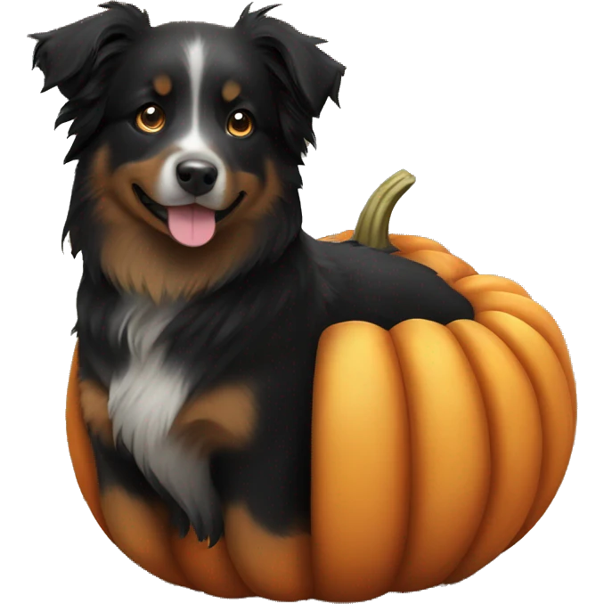 Small black australian shepherd dog in a pumpkin emoji
