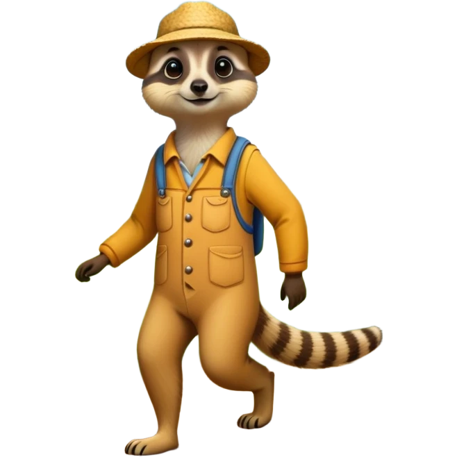 A Meerkat, dressed as a farmer, walking in the field with flowers and bushes surroundings and butterflies flying above  emoji