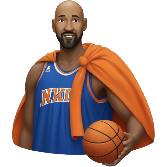 The Knicks with a bald head, beard and goatee, a blue and orange cape…spinning a basketball on its head. emoji