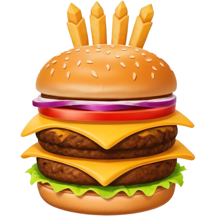 A clean and simple icon of fast food in emoji-style illustration. A burger with fries, nuggets and shawarma, bright and bold colors, simple shapes, flat design, high contrast, inviting and appetizing. emoji