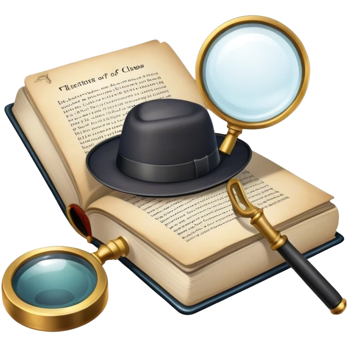 Icon for Detective Reading: an open book with text and a magnifying glass, a detective’s hat and a notebook with clues, surrounded by dark shadows and mysterious elements like footprints. Transparent background. emoji