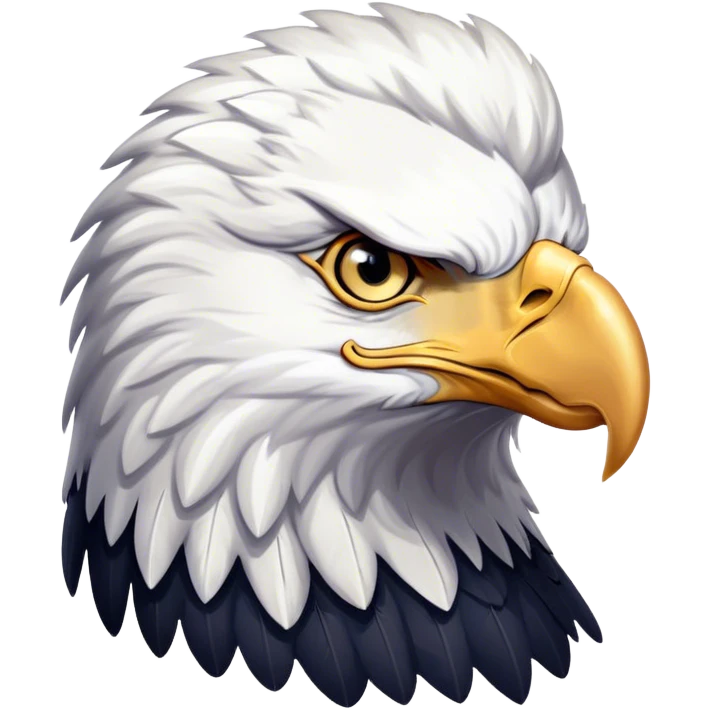 Cinematic Noble American Eagle Portrait Emoji, Poised and regal, with a powerful, broad build, a distinctive white-headed silhouette contrasting a dark, formidable body, and piercing, intense eyes, Simplified yet sharp and sophisticated features, highly detailed, glowing with a soft, majestic radiance, high shine, intelligent and commanding, stylized with an air of national pride, focused and vigilant, soft glowing outline, capturing the essence of a watchful and confident American eagle that appears ready to soar out of the screen with effortless authority! emoji