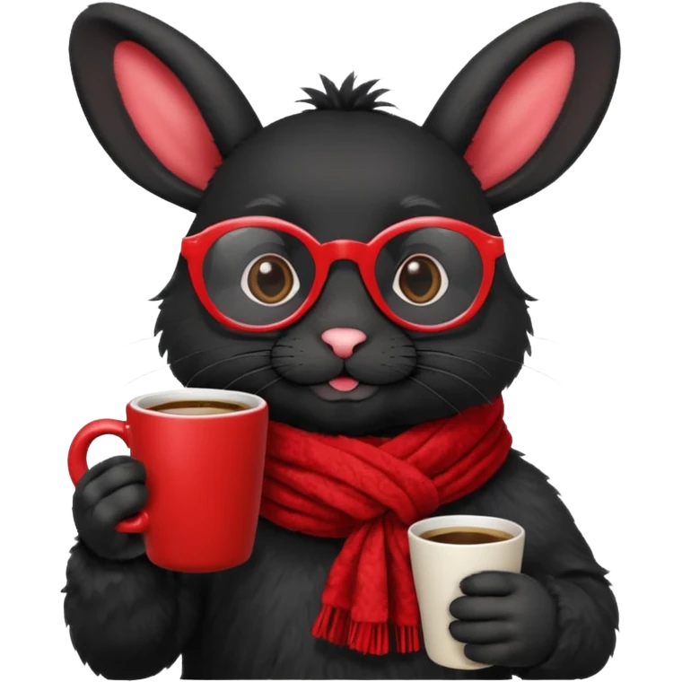Black rabbit, wearing red glasses, red scarf, holding coffee mug
 emoji