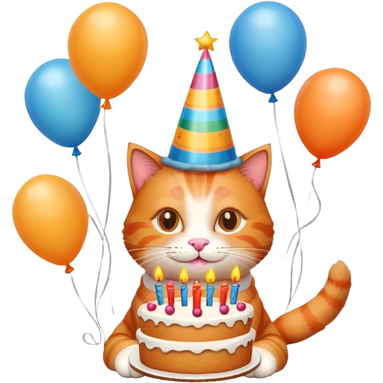 Ginger cat celebrates birthday, birthday hat, birthday cake, balloons, happy emoji