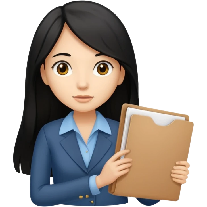 a light tan woman with long black hair past mid-back, round brown eyes and manila folder in her hands emoji