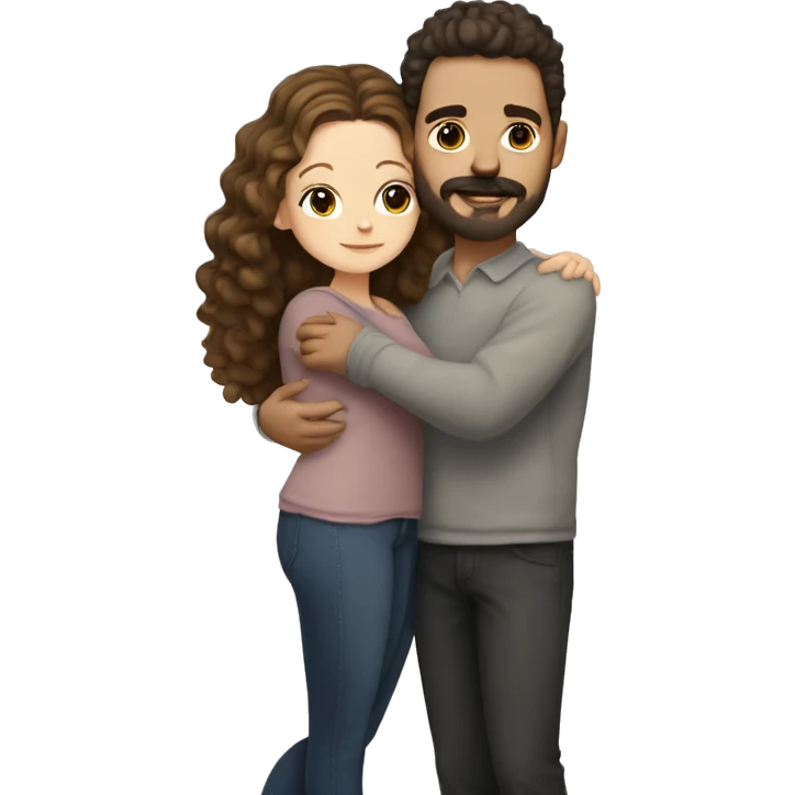 White girl with dark lash line and highlights in her hair, hugging a white guy with short dark brown curly hair and a mustache and face beard trimmed  emoji