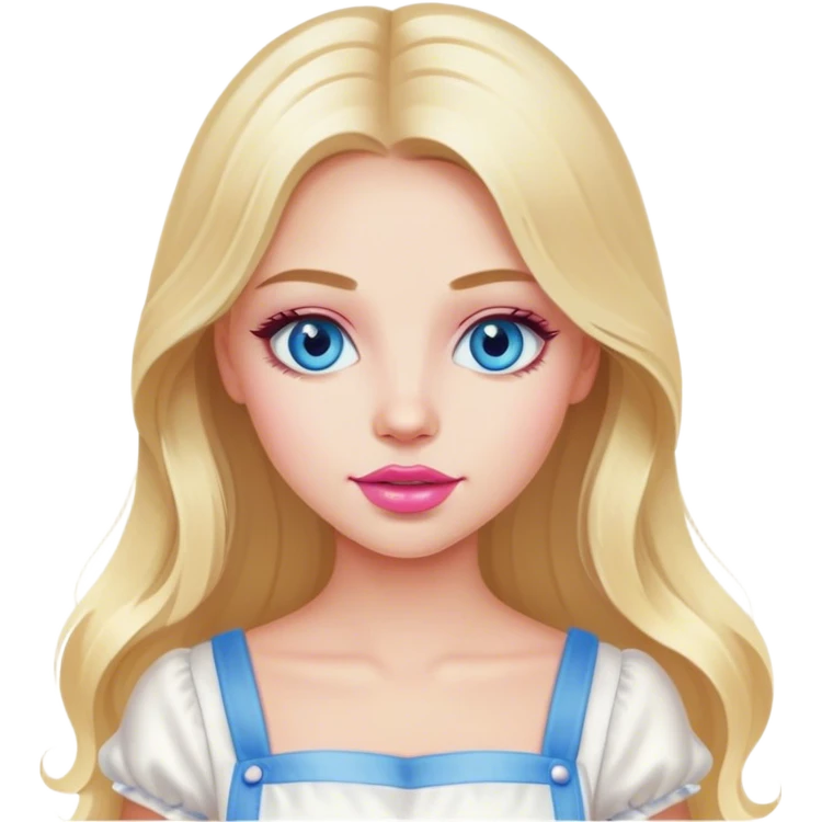 Cinematic realistic beautiful blonde with long hair, blue eyes and pink lips in a white dress cooks emoji