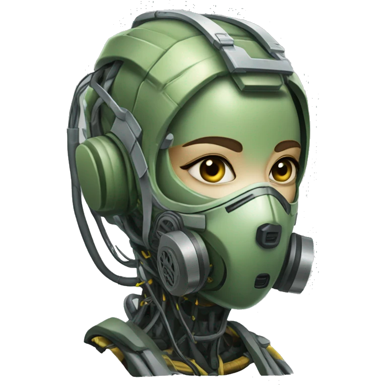 Olive green hair female cyborg head with respirator mask and circuits emoji