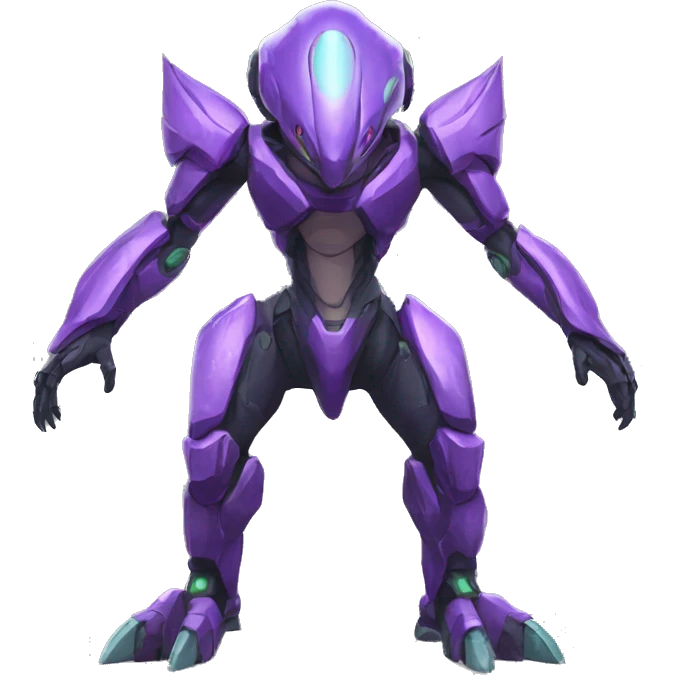 a purple-green Genesect-Raptor-Fakémon—hybrid with a futuristic visor-helmet full body emoji