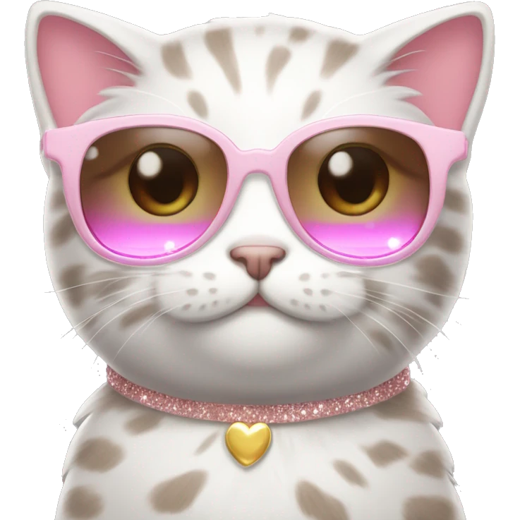 A cute cat, with brown/grey fur and a pink sunglass and cute nails in white sparkeles.  emoji
