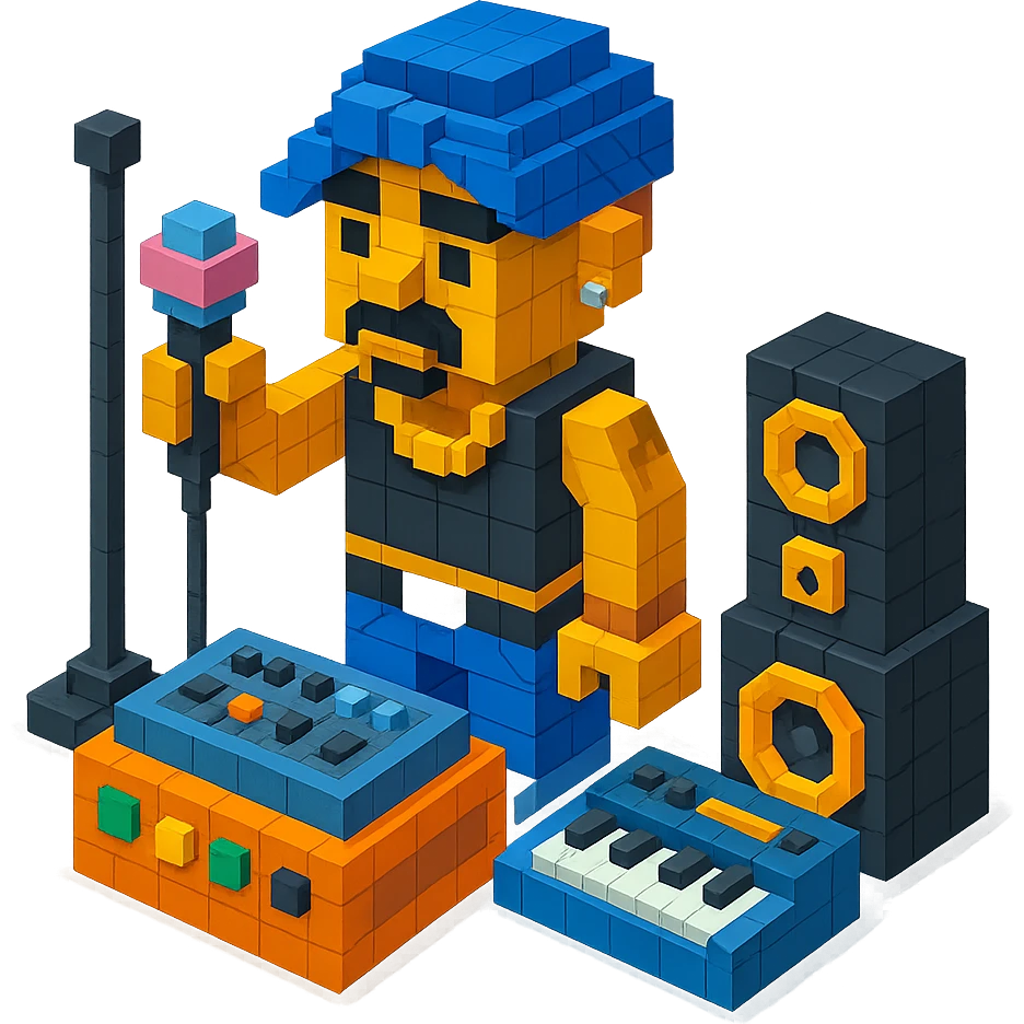 Lego 2Pac in a music studio, surrounded by equipment, mic in hand, detailed and atmospheric emoji