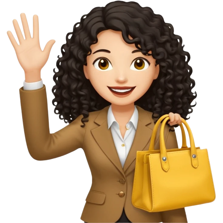medium deep tan brown business woman with long black curly hair, waving hand with happy face with smile mouth and carrying bag on her shoulder and the other hand holding yellow stanley tumblr emoji