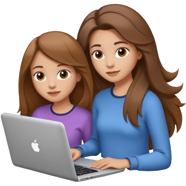 two brown haired girls, looking professional maybe leaned back on back and looking forward and using phones, with longer hair and with some cute clothes without ties, blowout hair, one girl can hold lap top athoer one can hold the phone emoji
