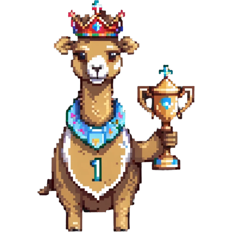 dromedary with a crown on its head and a trophy with #1 on it emoji