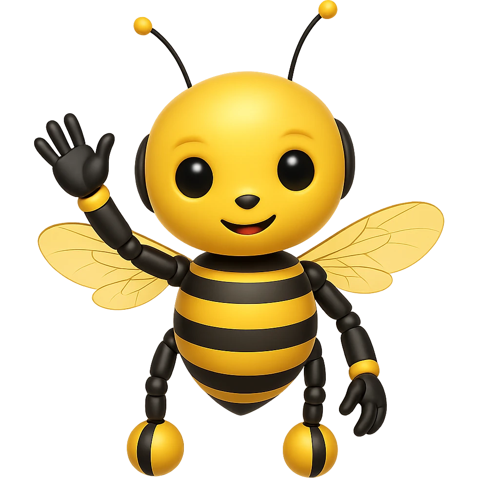 Make the bee robot wave its hand while keeping the original cute style and colors, with a friendly expression. The background should be transparent. emoji