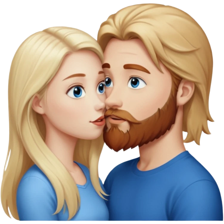Long-pale-blonde hair, beautiful girl with blue eyes facing, kissing reddish-brown hair and beard boy blue eyed white guy emoji
