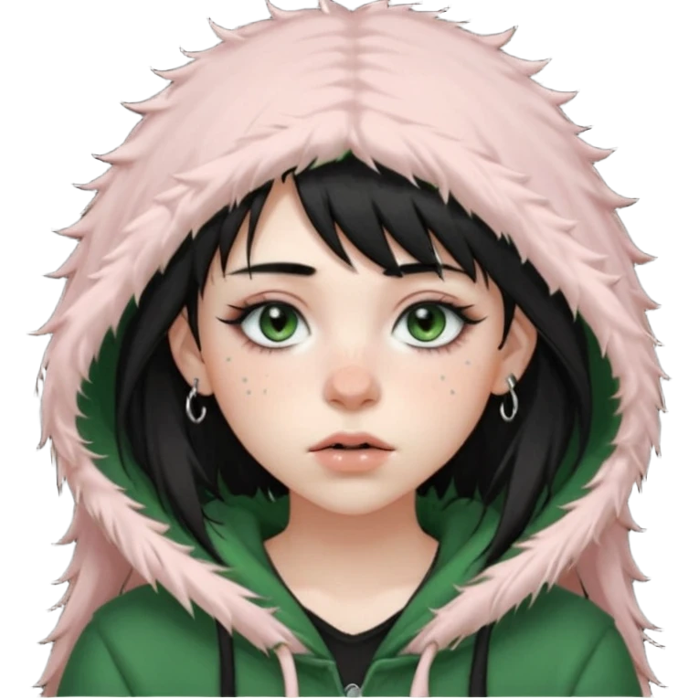 girl with black long layered hair with wispy bangs, pale skin, black t shirt, freckles on nose, dark nude colored lipliner, fluffy lashes, green hooded eyes, black spiky septum ring, eyebrow piercing, blush, thin black eyebrows. emoji
