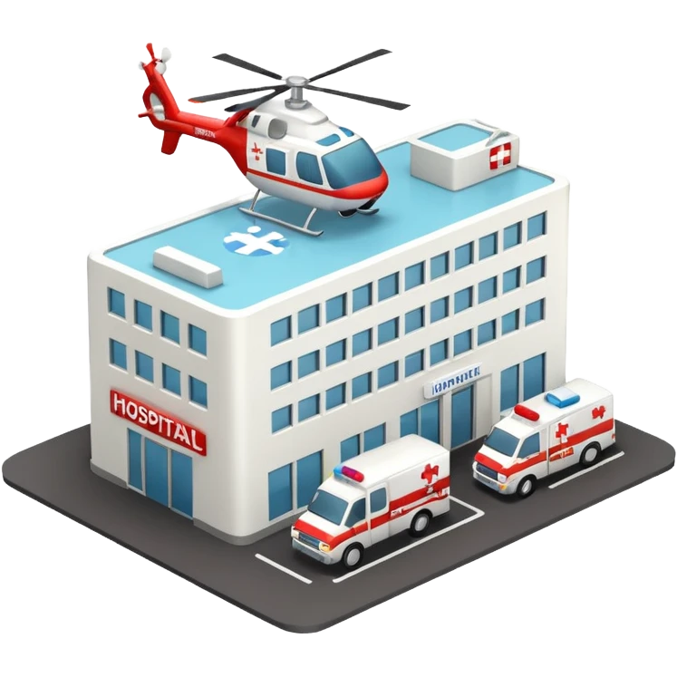 3d hospital outside, with text hospital, ambulance, helicopter , no background emoji