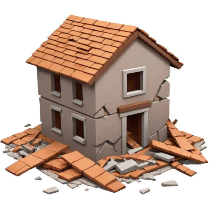 3D iPhone style emoji of a collapsed house, broken walls and roof pieces scattered, debris and ruins visible, isolated on white background, soft shadows, high detail, playful and cute. emoji