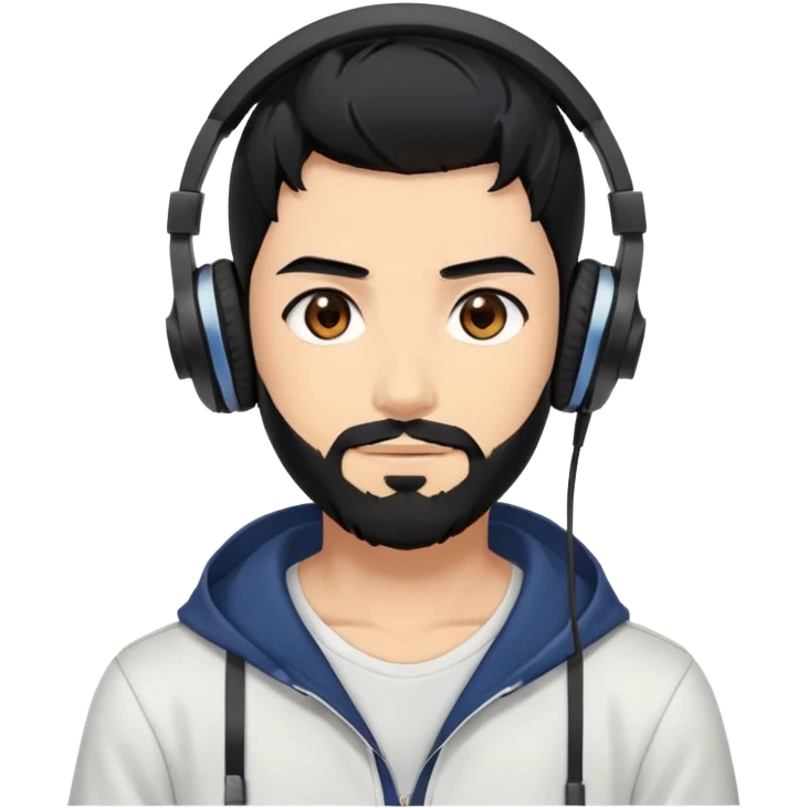 Anime-style man with black hair, brown eyes, black beard wearing gaming headphones, anime character design emoji