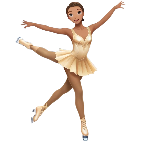 A grand ice rink palace with shining spotlights and cheering spectators in the stands. A graceful figure skater performing a spin on the ice. Transparent background highlights the elegance and artistry of figure skating emoji