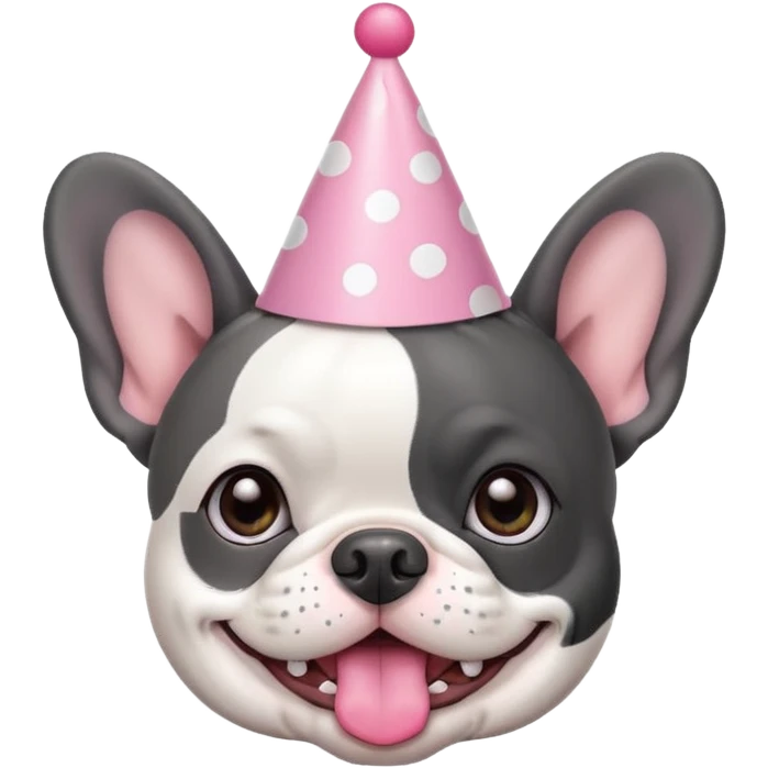 french bulldog with a birthday hat and black and white and grey coloring. please make it emoji style please. also please make the dog have a pink hat emoji