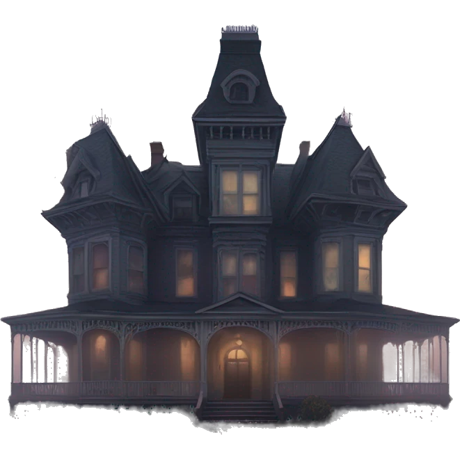 Wide angle, A ramshackle Victorian mansion looms through dense fog at dusk  emoji