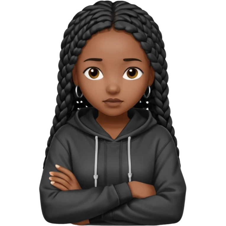 African American dark skin girl with long black box braids wearing a plain black hoodie  with arms folded emoji