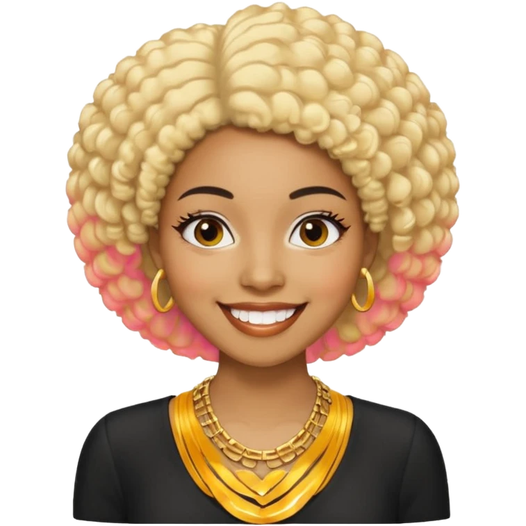 Black woman, short black afro, blonde hair clip, thin necklace, big smile, looks 30, professional event manager emoji