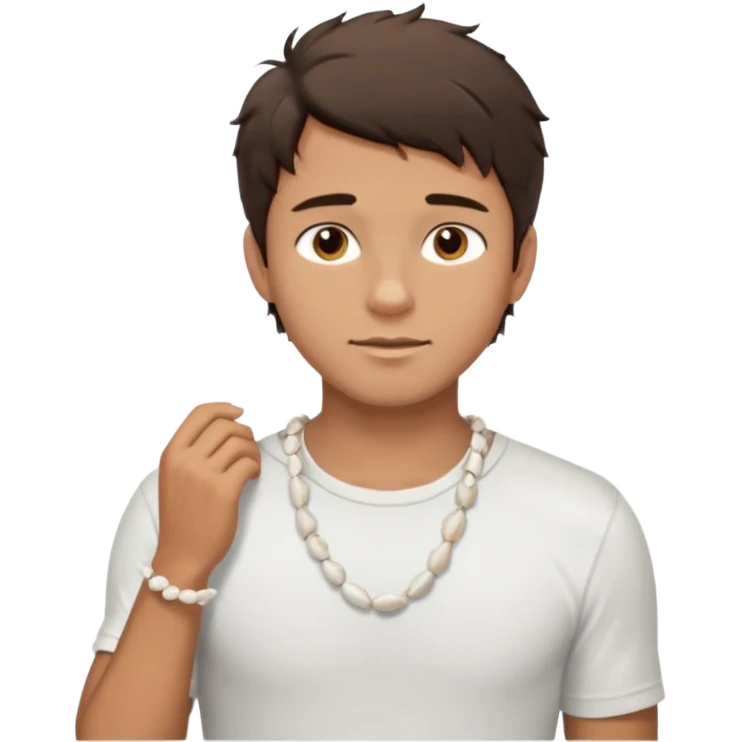 create an emoji of a young man. he has a nice surfer look, with short messy dark brown hair, brown eyes, tanned skin, natural lips. he wears a white tight sea shell necklace with an open short sleeve white shirt emoji