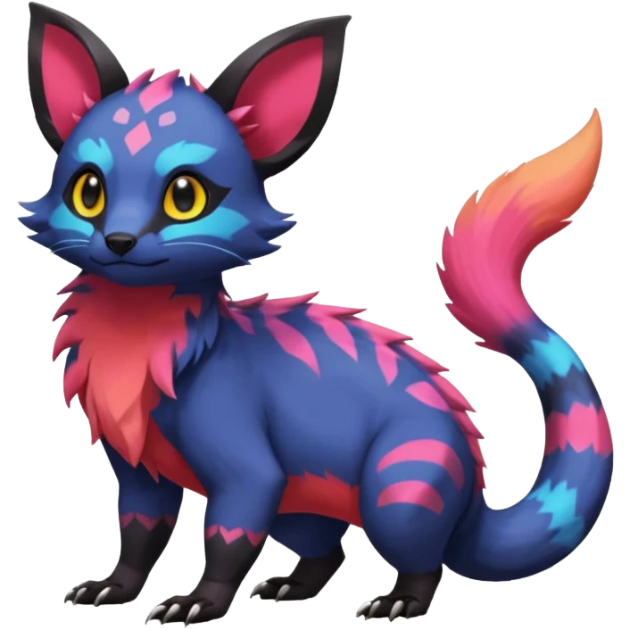 Rare exotic cute epic aesthetic colorful Salandit-Eevee-Civet-species-Fakemon-hybrid-creature, with markings, full body emoji
