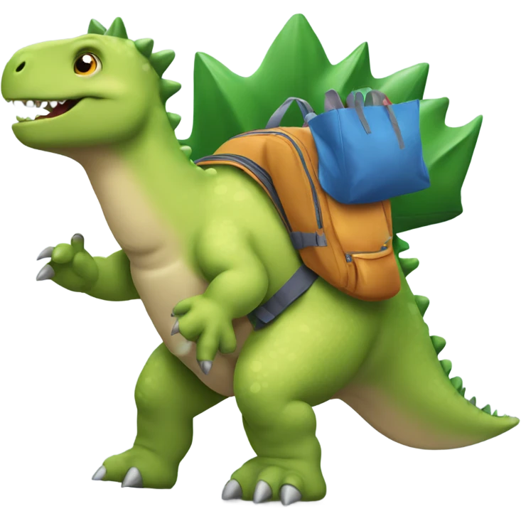 Stegosaurus carrying a backpack and a tote bag emoji
