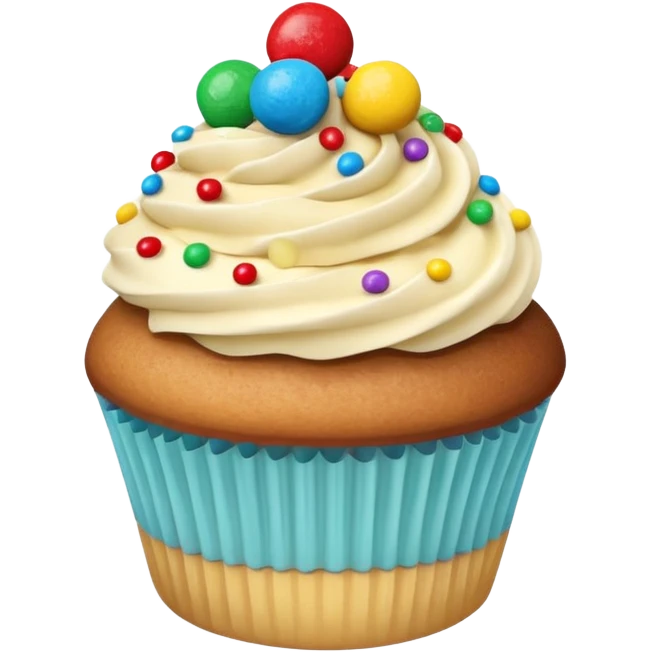 a soft vanilla cupcake with creamy frosting, decorated with scattered small, round, brightly colored candy-coated chocolates on top emoji