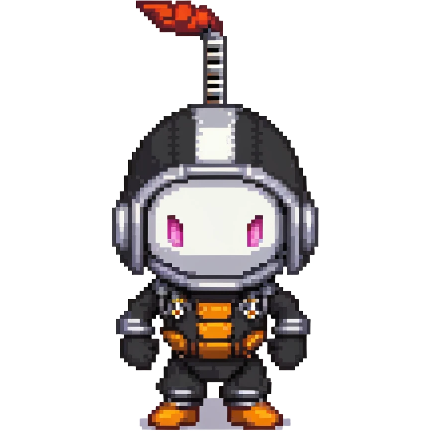 Black bomberman character, ninja-like design, sleek helmet with sharp antenna, mysterious appearance, cool pixel art style emoji
