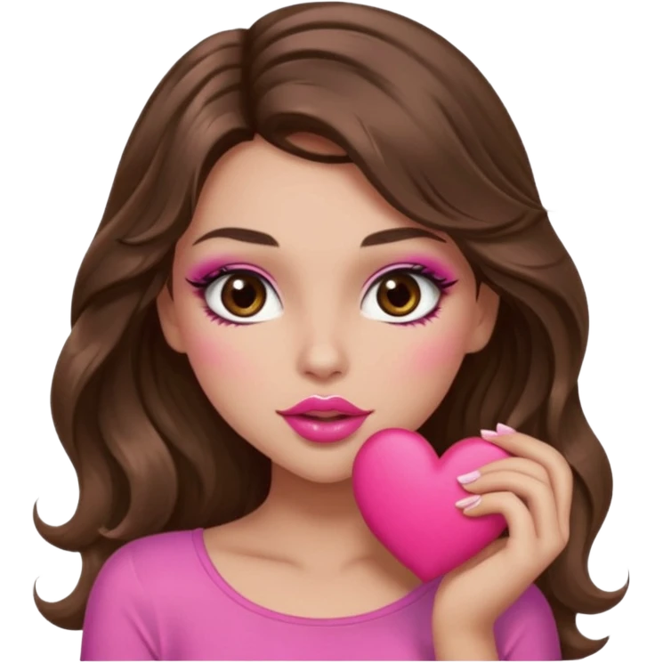girl with long wavy brown hair, brown eyes, long lashes makeup, sexy pink lips, light to medium complexion, wearing a pink sexy top, sexy , puckering, blushing, kissing a heart sexy emoji