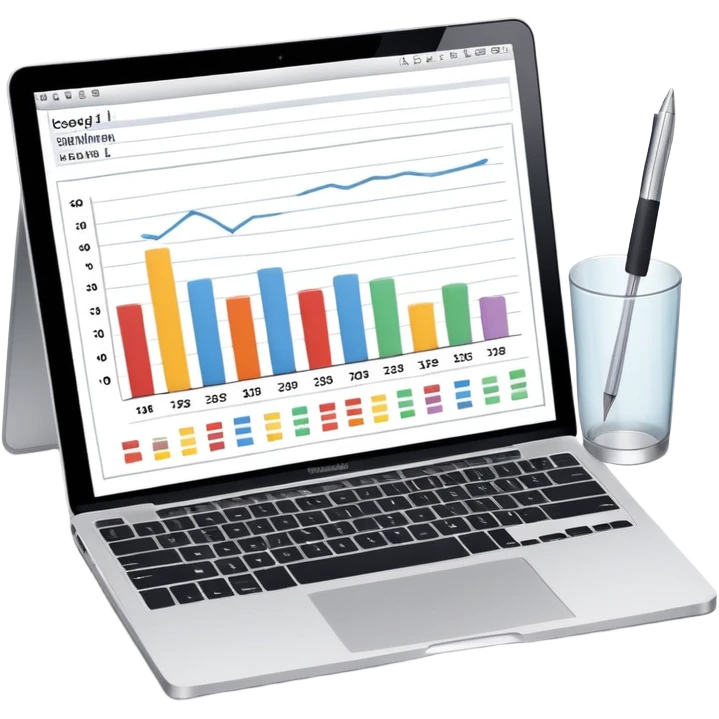 top view of a MacBook and a notebook with a pen nearby, notebook pages filled with handwritten bar charts emoji