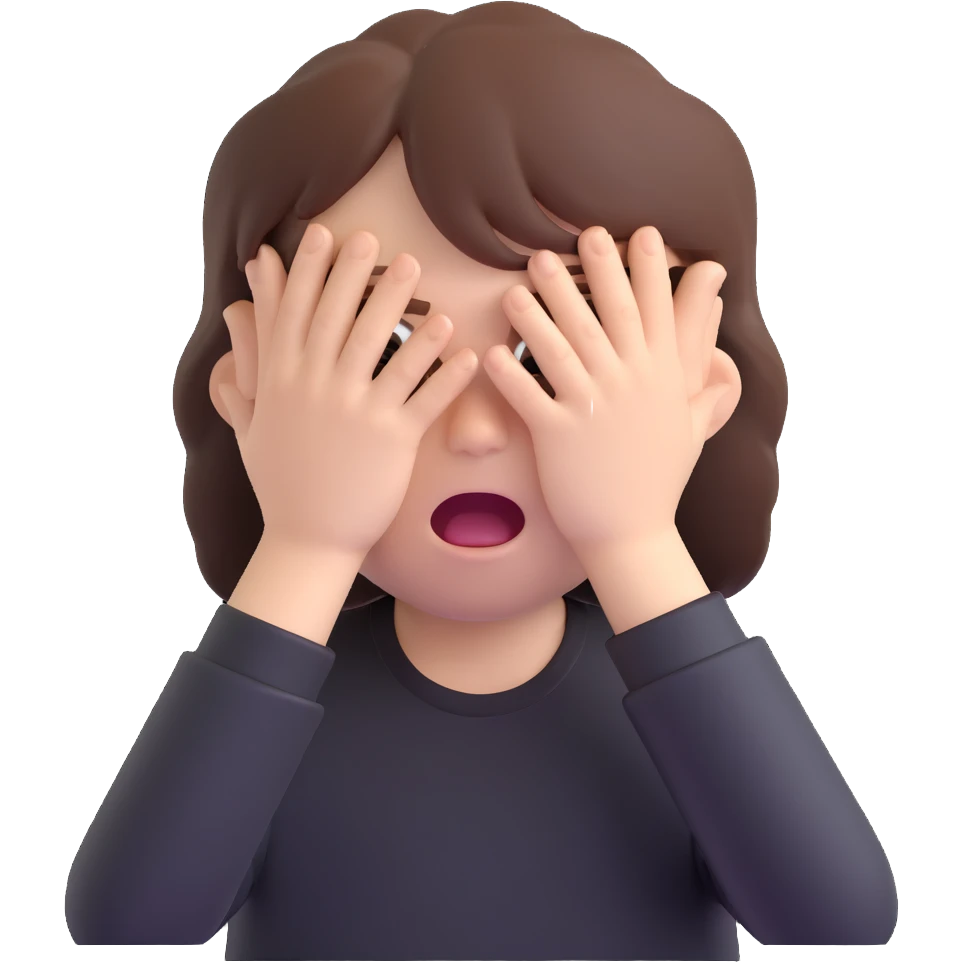 front emoji of a white boy with very large brown hair, wide open eyes, wide open mouth, hands covering his eyes, wearing a black shirt emoji