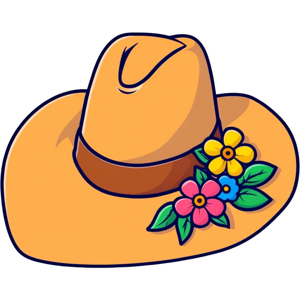 Cowgirl hat with wildflowers, colorful floral arrangement on a tan cowboy hat emoji