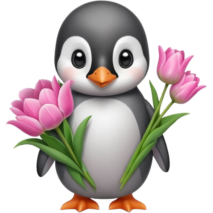 Cute baby penguin holding flower bouquet wraped in white paper and all flowers tulips in pink colour emoji