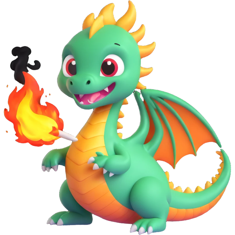 cute baby dragon breathing fire, dark green emoji