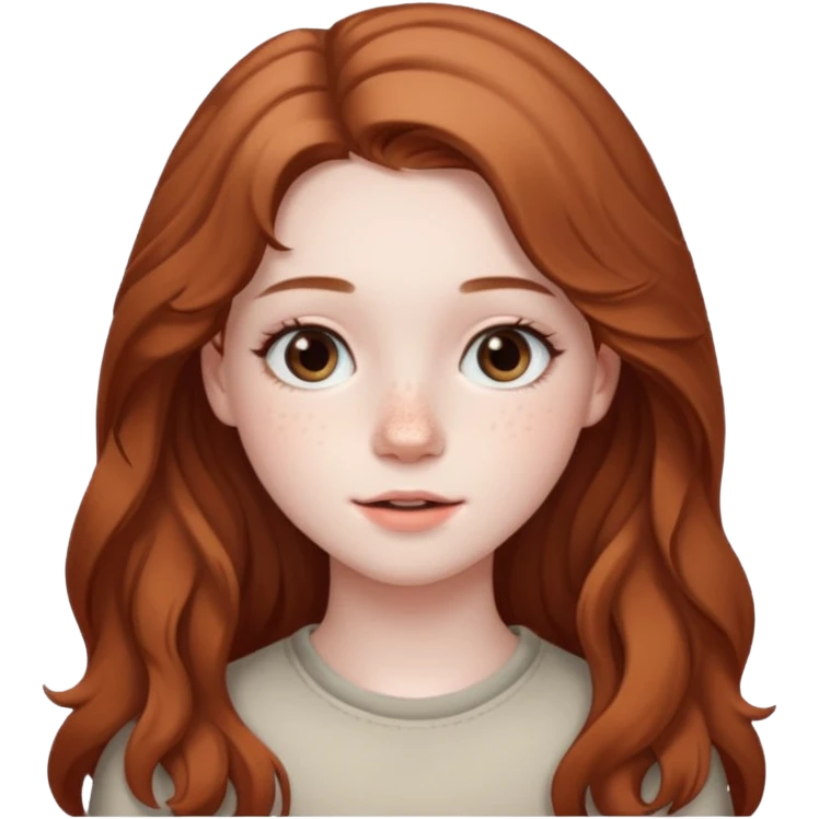 18-year-old girl with pale skin, lots of dark freckles, rosy cheeks, and long straight/wavy light brown hair. emoji