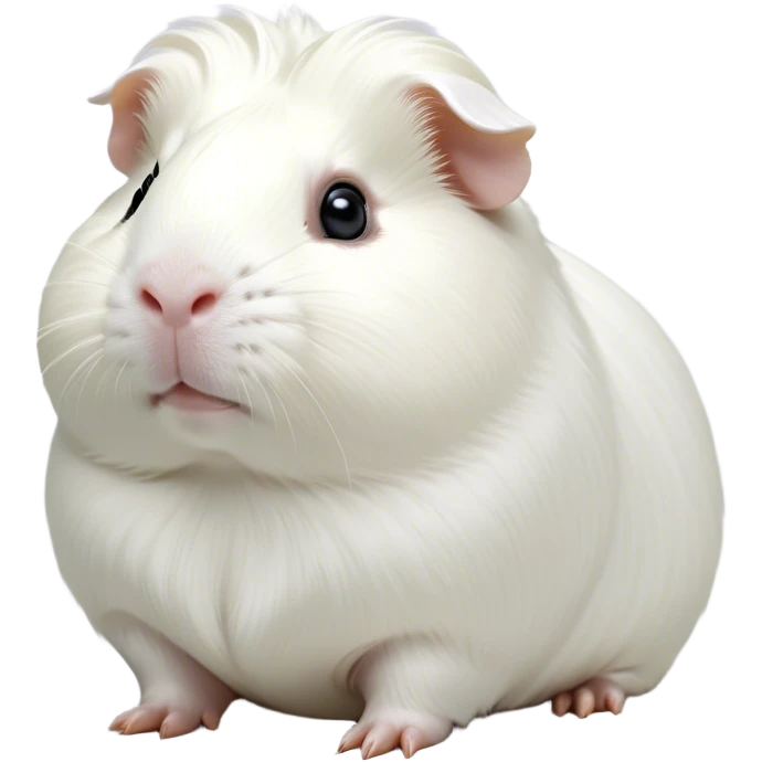 Cinematic Noble White Guinea Pig Portrait Emoji, Poised and regal, with a compact, chubby build and a pristine, well-groomed pure white coat, deep-set soulful dark eyes, Simplified yet sharp and sophisticated features, highly detailed, glowing with a soft, dignified glow, high shine, intelligent and sweet, stylized with an air of gentle purity, focused and attentive, soft glowing outline, capturing the essence of a watchful and confident little companion, so majestic it feels as though it could scurry out of the screen with effortless authority! emoji